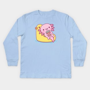 Cute Axolotl Chilling On Duck Pool Float Drinking Bubble Tea Kids Long Sleeve T-Shirt